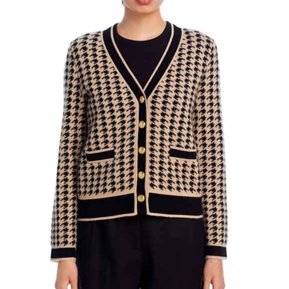 C by Bloomingdale's Cashmere Houndstooth Contrast Trim Cashmere Cardigan-Black/H - Picture 6 of 6